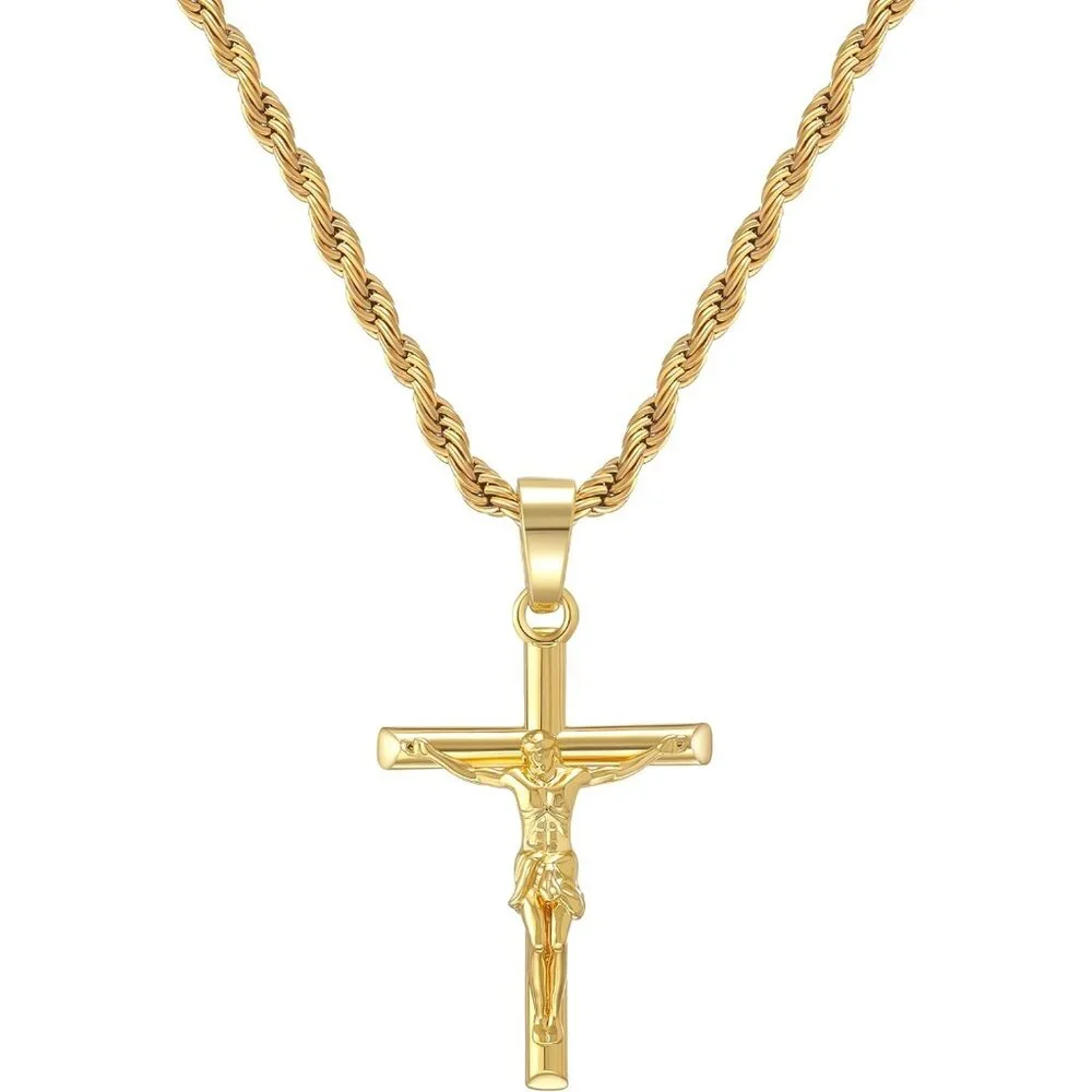 💫 Men Gold Crucifix Cross Necklace 18K Plated Cross Pendant Rope Chain Jewelry